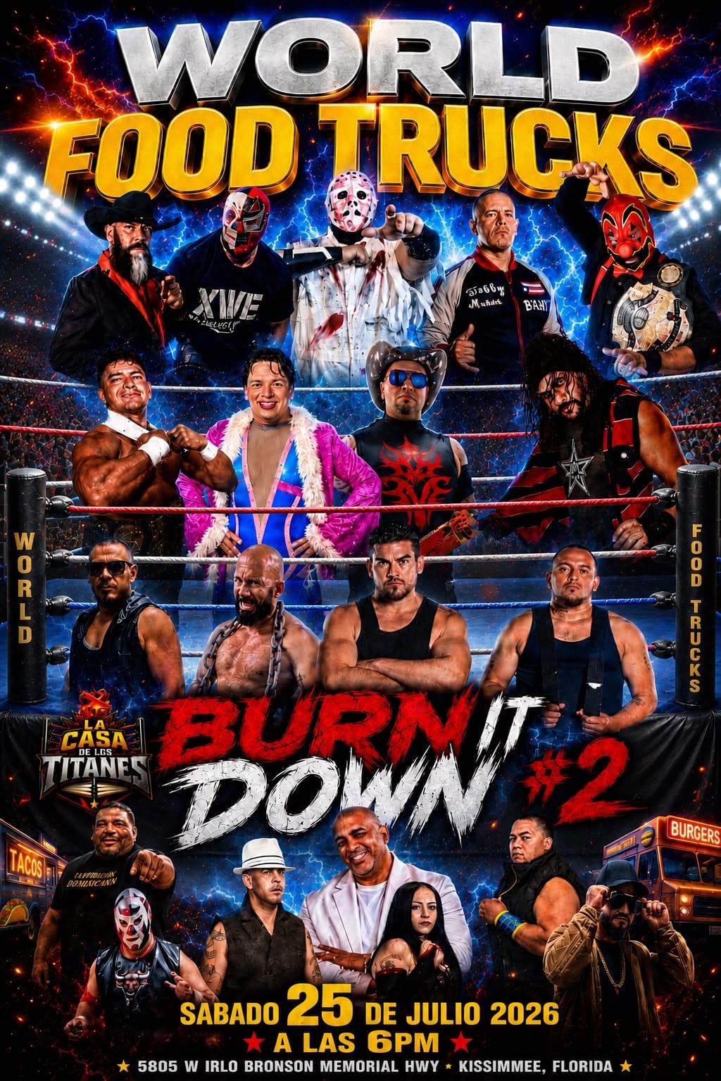 Burn It Down #2 — La Casa de los Titanes live wrestling at World Food Trucks, Saturday July 25, 2026 at 6 PM
